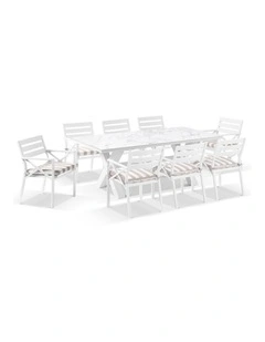 Kansas Outdoor Ceramic 2m Dining Table Setting White With 8 Chairs & Heather Beige Cushions