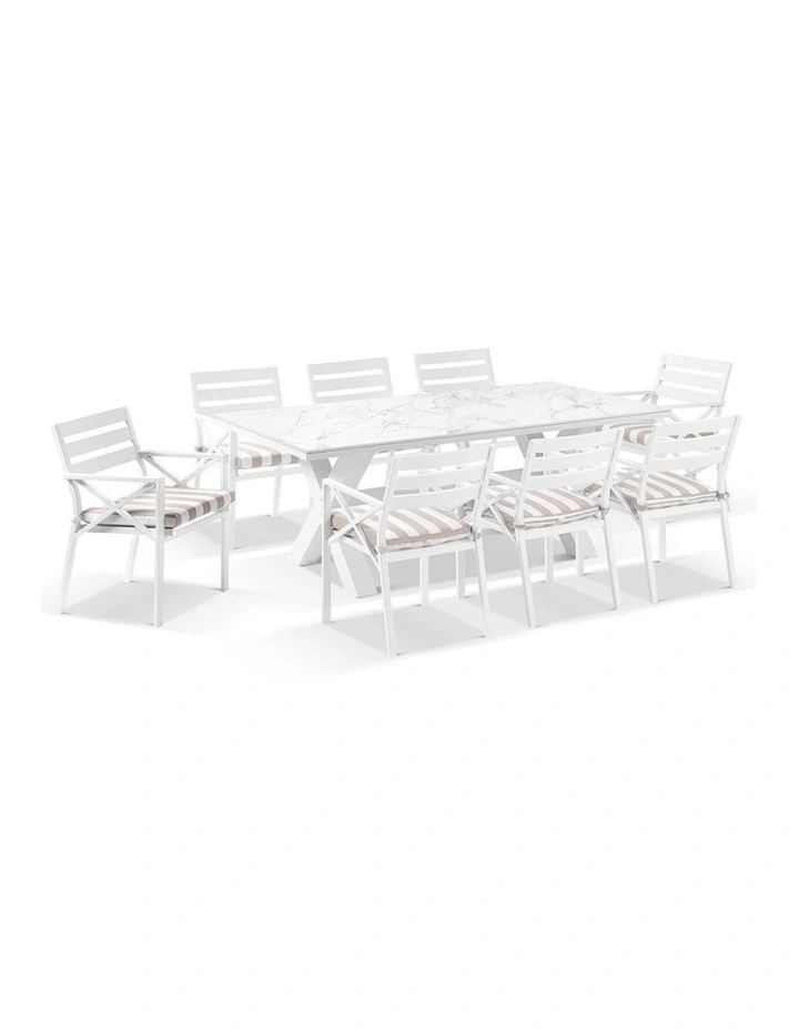Kansas Outdoor Ceramic 2m Dining Table Setting White With 8 Chairs & Heather Beige Cushions image 1