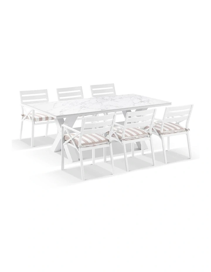 Kansas Outdoor Ceramic 2m Dining Table Setting White With 8 Chairs & Heather Beige Cushions image 2