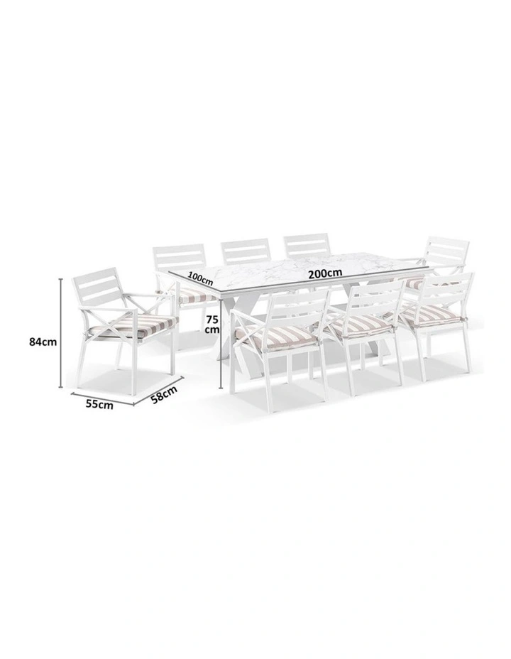 Kansas Outdoor Ceramic 2m Dining Table Setting White With 8 Chairs & Heather Beige Cushions image 6