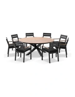 Tuscany Round 1.8m Outdoor and Teak Dining Table Charcoal With 8 Capri Chairs & Denim Grey Cushions