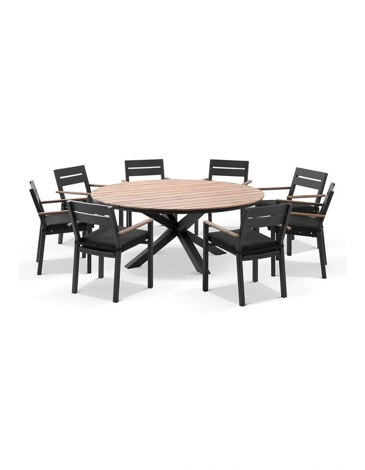 Tuscany Round 1.8m Outdoor and Teak Dining Table Charcoal With 8 Capri Chairs & Denim Grey Cushions image 1