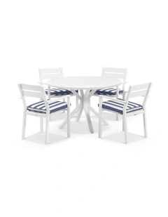 Houston Outdoor 1.2m Round Dining Setting White With 4 Santorini Chairs & Navy Stripe Cushions