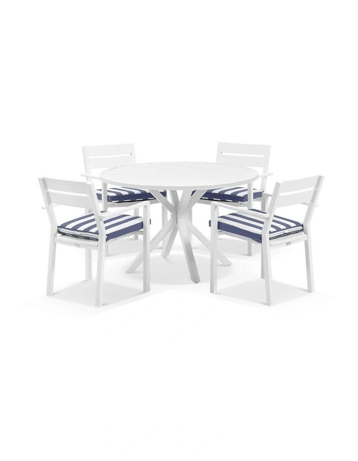 Houston Outdoor 1.2m Round Dining Setting White With 4 Santorini Chairs & Navy Stripe Cushions image 1