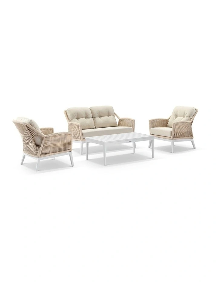 Hugo 2 1 1 Seater Outdoor Rope Lounge Set White With Coffee Table & Cream Rope/Cream Cushions image 1