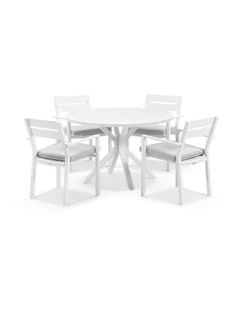 Houston Outdoor 1.2m Round Dining Setting White With 4 Santorini Chairs & Olefin Grey Cushions