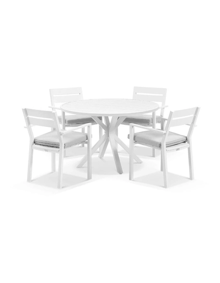 Houston Outdoor 1.2m Round Dining Setting White With 4 Santorini Chairs & Olefin Grey Cushions image 1