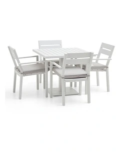 Avoca Outdoor Square Pedestal Dining Table White With Santorini Chairs & Olefin Grey Cushions