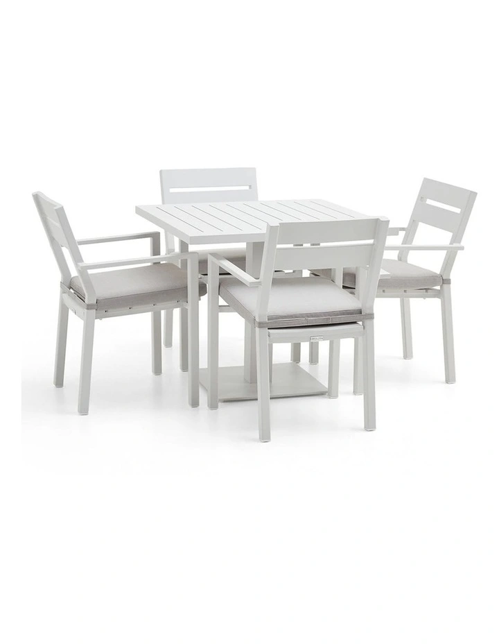 Avoca Outdoor Square Pedestal Dining Table White With Santorini Chairs & Olefin Grey Cushions image 1