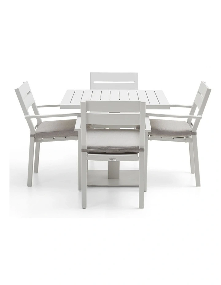 Avoca Outdoor Square Pedestal Dining Table White With Santorini Chairs & Olefin Grey Cushions image 5
