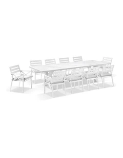 Kansas Outdoor Ceramic 3m Dining Table Setting White With 10 Chairs & Textured Olefin Grey Cushions