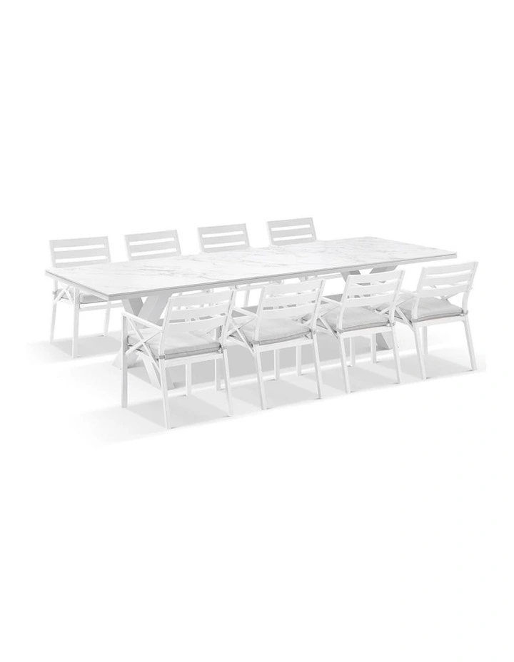 Kansas Outdoor Ceramic 3m Dining Table Setting White With 10 Chairs & Textured Olefin Grey Cushions image 2