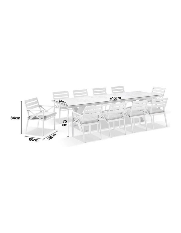 Kansas Outdoor Ceramic 3m Dining Table Setting White With 10 Chairs & Textured Olefin Grey Cushions image 6