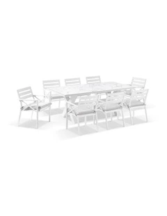 Kansas Outdoor Ceramic 2m Dining Table Setting White With 8 Chairs & Textured Olefin Grey Cushions