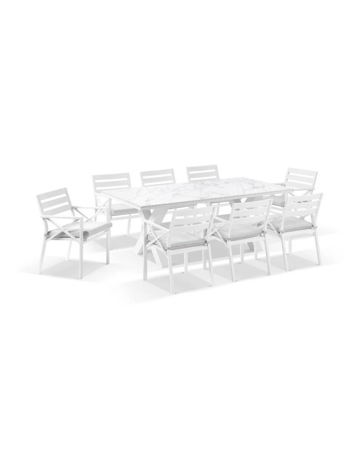 Kansas Outdoor Ceramic 2m Dining Table Setting White With 8 Chairs & Textured Olefin Grey Cushions image 1