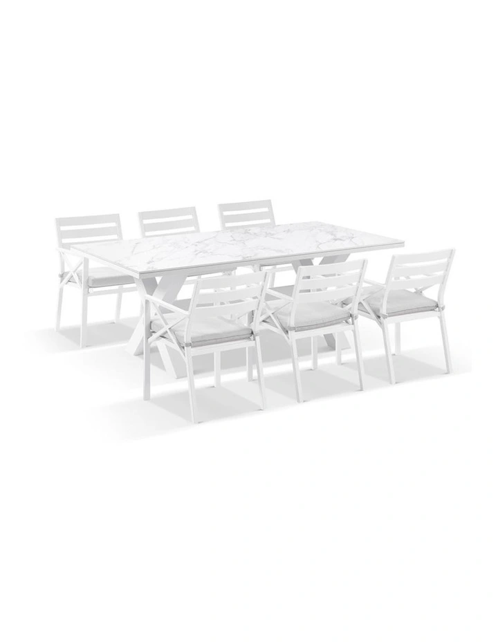 Kansas Outdoor Ceramic 2m Dining Table Setting White With 8 Chairs & Textured Olefin Grey Cushions image 2