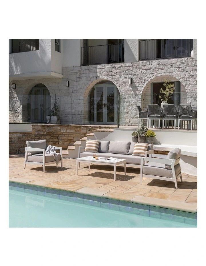 Bronte 3 1 1 Outdoor Lounge Setting White With Coffee Table & Textured Olefin Grey Cushions image 5