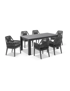 Hugo Ceramic 1.8m Dining Table Charcoal With 6 Rope Chairs & Carbon Grey/Denim Grey Cushions
