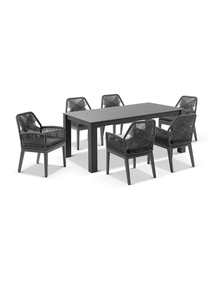 Hugo Ceramic 1.8m Dining Table Charcoal With 6 Rope Chairs & Carbon Grey/Denim Grey Cushions image 1