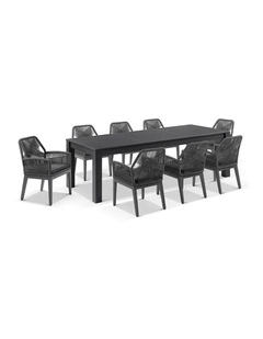 Santorini 2.5m Outdoor Dining Table Charcoal With 8 Hugo Chairs & Carbon Grey/Denim Grey Cushions