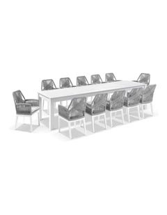 Santorini 3.55m Outdoor Dining Table White With 12 Hugo Chairs & Textured Olefin Grey Cushions