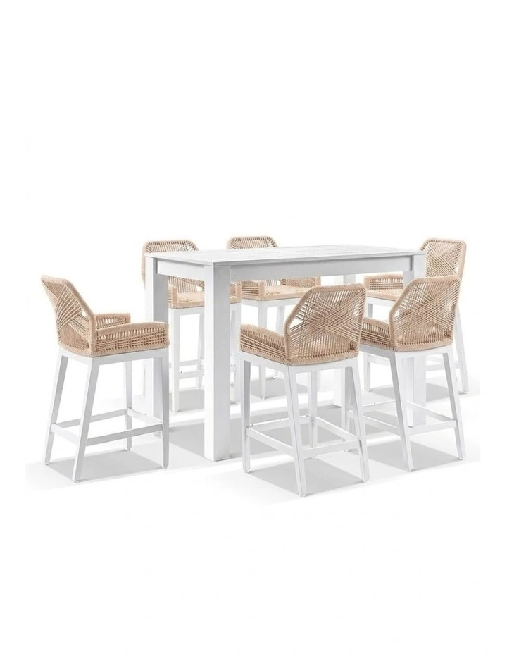 Santorini Outdoor 1.5m Bar Table White With 6 Hugo and Rope Stools & Cream Rope/Cream Cushions image 1