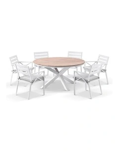 Tuscany 1.5m and Teak Dining Table White With 6 Kansas Chairs & Textured Olefin Grey Cushions