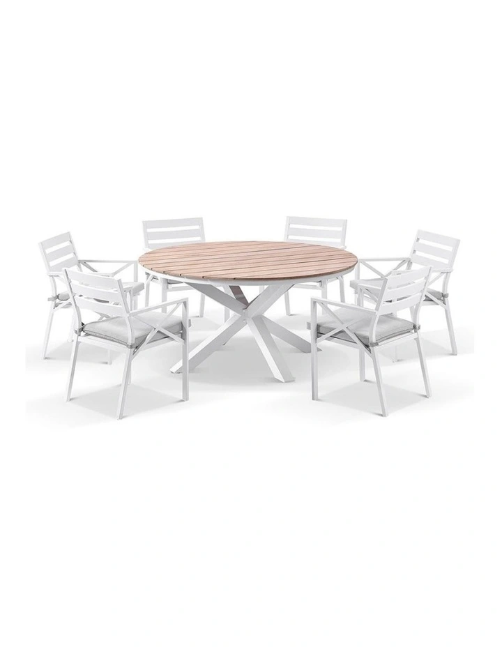 Tuscany 1.5m and Teak Dining Table White With 6 Kansas Chairs & Textured Olefin Grey Cushions image 1