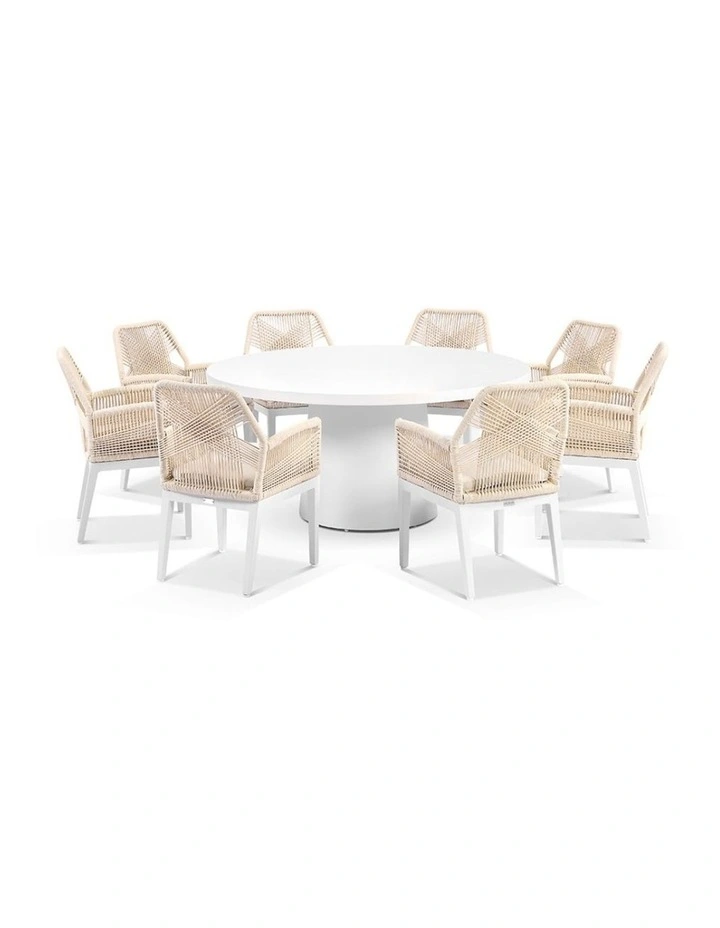 Narrabeen 1.6m Round Ceramic Dining Table White With 8 Hugo Rope Chairs & Cream Rope/Cream Cushions image 1