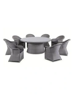 Plantation 8 Seater Wicker Round Dining Table Setting Brushed Grey With Chairs & Denim Cushions