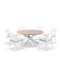 Tuscany Round 1.5m Outdoor Teak Dining Table White With 6 Santorini Chairs & Olefin Grey Cushions
