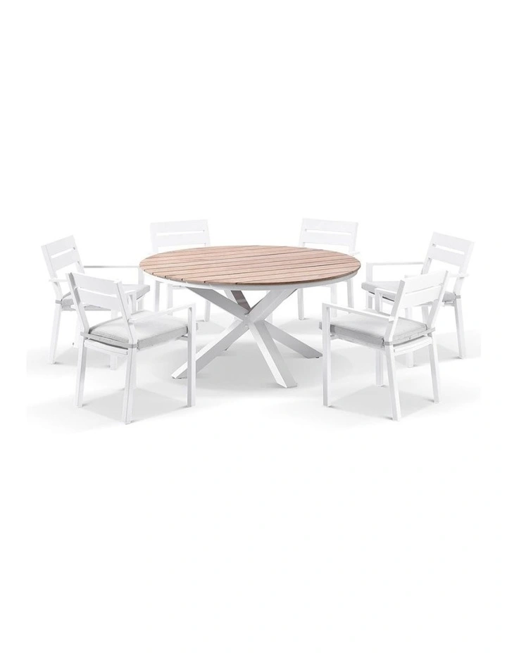 Tuscany Round 1.5m Outdoor Teak Dining Table White With 6 Santorini Chairs & Olefin Grey Cushions image 1