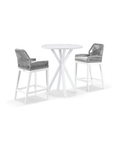 Houston 90cm Round Bar Table White With 2 Hugo Stools & Grey Rope w/Textured Olefin Cushions