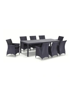 Roman 8 Rectangle Wicker Glass Top Dining Table and Chairs Setting Charcoal & Denim Grey Cushions