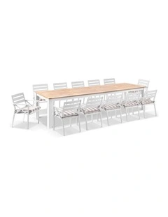 Balmoral 3.55m Teak Top Table White With 12 Kansas Dining Chairs & Sunbrella Beige Cushions