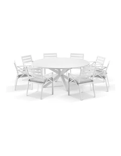 Houston 1.8m Round Dining Setting White With 8 Kansas Chairs & Textured Olefin Grey Cushions