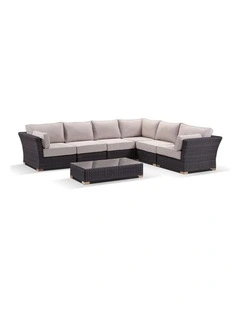 Coco Wicker Corner Modular Lounge Chestnut Brown With Arm Chair & Coffee Table Latte Cushions