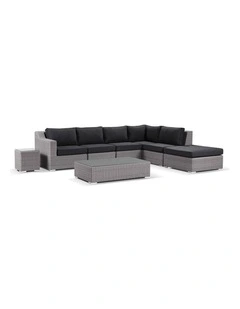 Milano Wicker Corner Modular Chaise Lounge Brushed Wheat Left /Coffee Table & Denim Grey Cushion