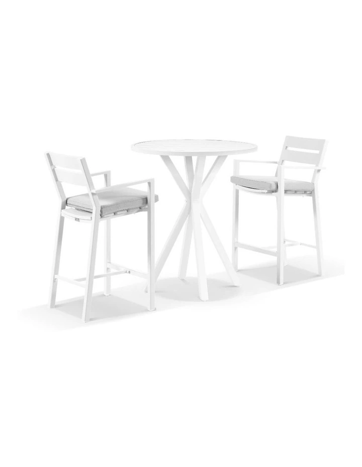 Houston Outdoor 90cm Round Bar Table White With 2 Santorini Stools & Textured Olefin Grey Cushions image 1