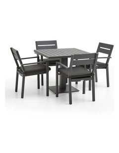 Avoca Outdoor Square Pedestal Dining Table Charcoal With Santorini Chairs & Denim Grey Cushions