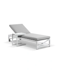 Kansas Outdoor Sun Lounge on Wheels White With Hugo Slide Under Side Table & Olefin Grey Cushions