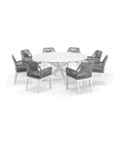 Houston Outdoor 1.8m Dining Setting White With 8 Hugo Chairs & Grey Rope w/Textured Olefin Cushions