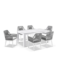 Hugo Ceramic 1.8m Outdoor Dining Table White With 6 Rope Chairs & Grey w/Textured Olefin Cushions