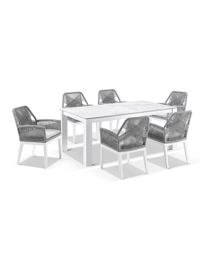 Hugo Ceramic 1.8m Outdoor Dining Table White With 6 Rope Chairs & Grey w/Textured Olefin Cushions image 1