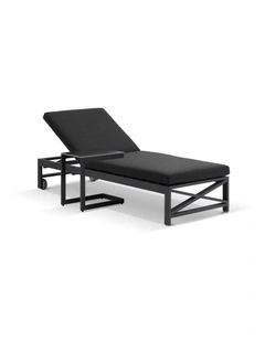 Kansas Outdoor Sun Lounge on Wheels Charcoal With Hugo Slide Under Side Table & Denim Grey Cushions