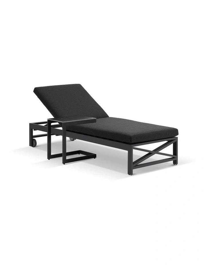 Kansas Outdoor Sun Lounge on Wheels Charcoal With Hugo Slide Under Side Table & Denim Grey Cushions image 1