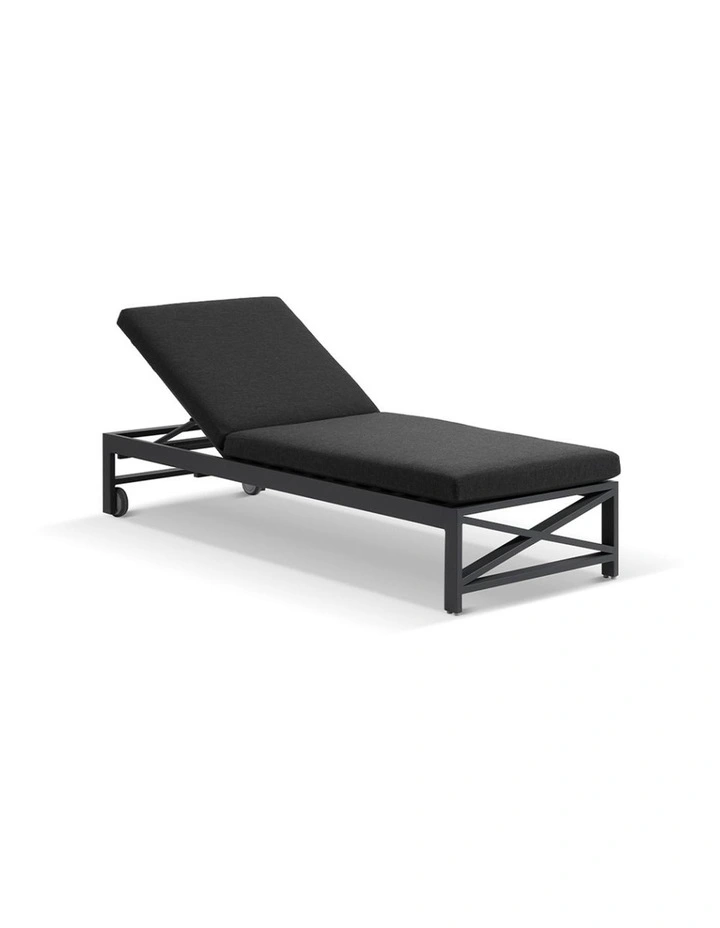 Kansas Outdoor Sun Lounge on Wheels Charcoal With Hugo Slide Under Side Table & Denim Grey Cushions image 2