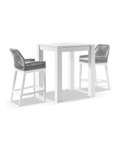 Santorini Outdoor Square Bar Table White With 2 Hugo Stools & Stone Grey w/Textured Olefin Cushions