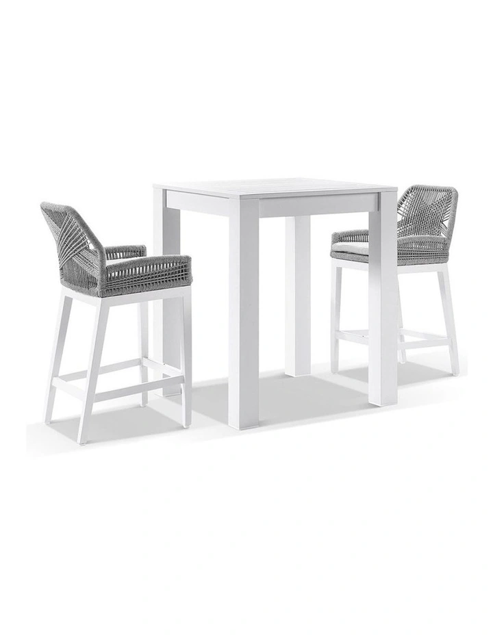 Santorini Outdoor Square Bar Table White With 2 Hugo Stools & Stone Grey w/Textured Olefin Cushions image 1
