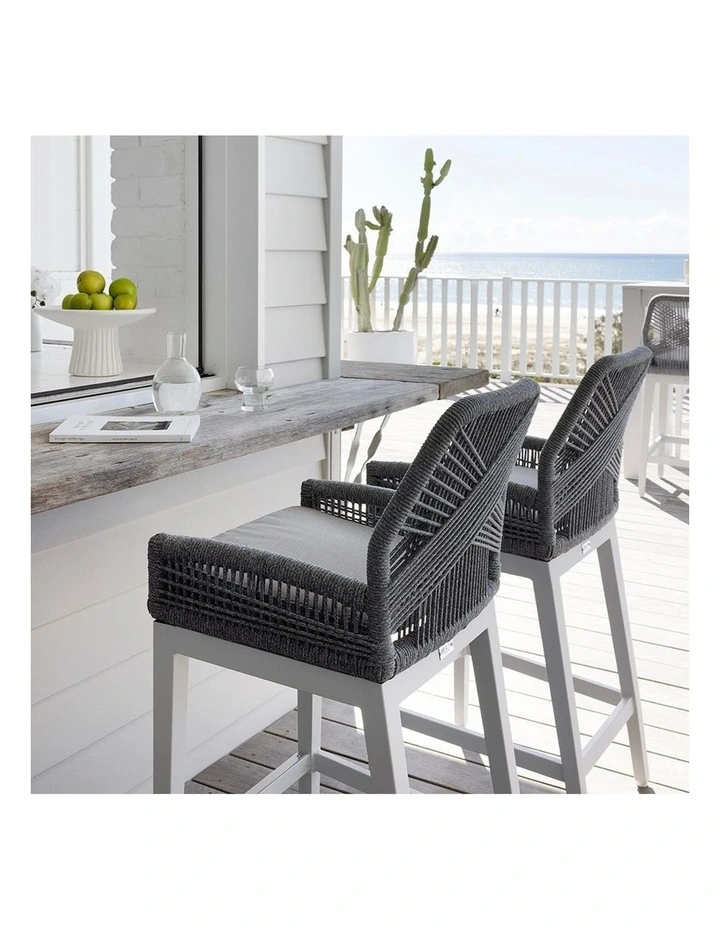 Santorini Outdoor Square Bar Table White With 2 Hugo Stools & Stone Grey w/Textured Olefin Cushions image 5